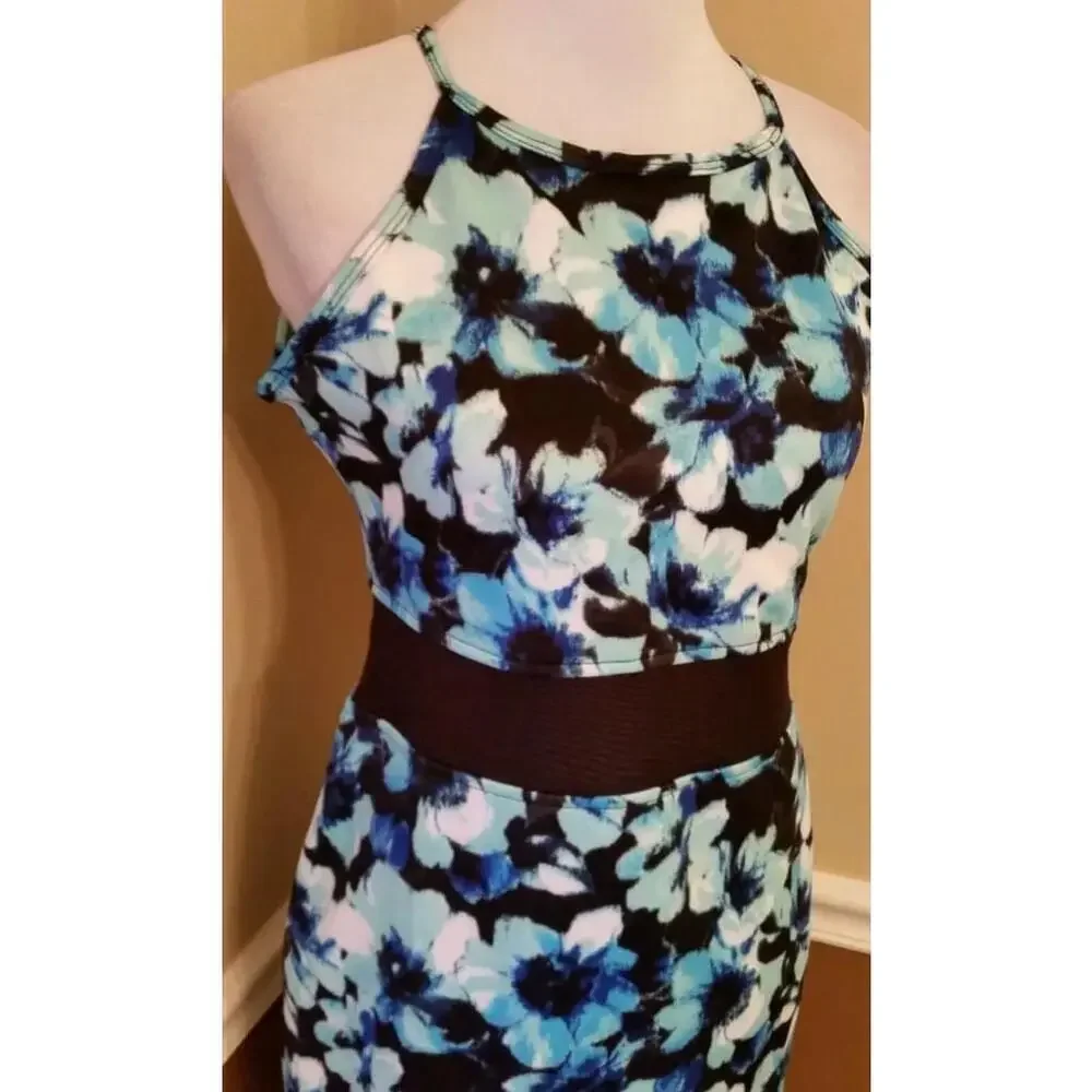 Blue Floral Halter Neckline Midi ModCloth Dress with Sheer Waist by Roxberi
